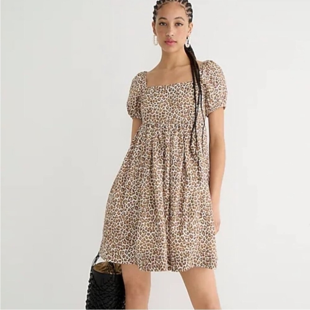 J. Crew Puff Sleeve Linen-Cupro Leopard Print Mini Dress Size 12